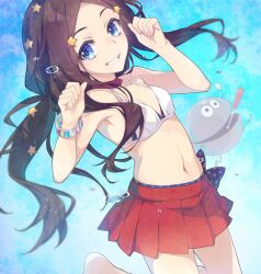 1girl air_bubble alternate_costume bikini blue_eyes blush bracelet breasts brown_hair bubble choker fate/grand_order fate_(series) forehead grin highres jewelry leonardo_da_vinci_(fate) leonardo_da_vinci_(fate/grand_order) leonardo_da_vinci_(rider)_(fate) long_hair looking_at_viewer navel parted_bangs red_skirt revision saipaco sidelocks skirt small_breasts smile swimsuit thighs twintails underwater white_bikini