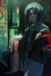 Rule 34 | 1girl, absurdres, against wall, alley, black hair, blue kimono, commentary request, dark, expressionless, feet out of frame, hands in pockets, highres, jacket, japanese clothes, kara no kyoukai, kimono, lamppost, long sleeves, looking at viewer, obi, obidome, painterly, red jacket, ryougi shiki, sash, short hair, solo, standing, ubwmitekure