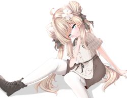1girl absurdres ahoge animal_ear_fluff animal_ears apron black_ribbon black_shoes blonde_hair blue_eyes blush boots bow braid braided_bangs brown_shirt brown_shoes brown_shorts cat_ears cat_girl closed_mouth double_bun flower grey_shirt hair_bow hair_bun hair_flower hair_ornament hair_ribbon highres long_hair looking_at_viewer manuka_(vrchat) pantyhose plaid_clothes plaid_shirt ribbon shinori28 shirt shoes short_sleeves shorts simple_background sitting smile solo striped_clothes striped_shirt tail twintails v v_over_mouth vertical-striped_clothes vertical-striped_shirt very_long_hair vrchat white_apron white_background white_flower white_pantyhose