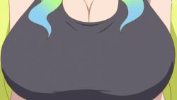 Rule 34 | animated, anime screenshot, big breasts, blonde hair, blue hair, breast focus, breast smother, breasts, cleavage, face to breasts, highres, kobayashi-san chi no maidragon, lucoa (maidragon), multicolored hair, pov, pov focus, shirt, solo, sound, sports bra, tagme, video
