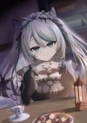 animal_ears bad_tag black_sky braided_sidelocks cake cheek_rest copyright_request cross-laced_clothes cross-laced_sleeves dessert food frilled_straps fuzzy_clothes grey_nails grey_tail highres hinamori_anthea holding holding_saucer indie indie_virtual_youtuber leopard_ears leopard_tail maid nata_(tool) non-web_source red_pupils saucer sky snow_leopard_tail strawberry_shortcake tail teapot virtual wallpaper_(object)