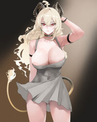 1girl alternate_costume arm_strap black_horns blonde_hair breasts bright_pupils closed_mouth collarbone commentary covered_navel cowboy_shot curled_horns earrings english_commentary gluteal_fold hair_between_eyes highres horns jewelry key_earrings large_breasts looking_at_viewer nipple_slip nipples noir_(4chan) red_eyes solo tail white_pupils wuthering_waves zani_(wuthering_waves)