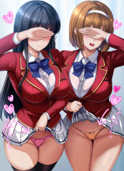 2girls advanced_nurturing_high_school_uniform black_hair black_thighhighs blazer blue_bow blue_bowtie bow bowtie breasts cameltoe clothes_lift covering_own_eyes daiaru hairband highres horikita_suzune jacket kushida_kikyou large_breasts lifting_own_clothes miniskirt multiple_girls orange_panties panties pink_panties pleated_skirt red_jacket revision school_uniform shirt skirt skirt_lift thighhighs thighs translation_request underwear white_hairband white_shirt white_skirt youkoso_jitsuryoku_shijou_shugi_no_kyoushitsu_e