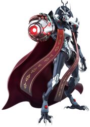 1boy arm_cannon armor banner beak cape chozo claws grey_armor highres metroid metroid_dread nintendo no_humans official_art power_armor power_suit_(metroid) raven_beak_(metroid) red_cape red_eyes shoulder_armor solo solo_focus third-party_source weapon