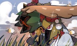 Rule 34 | artist name, cloud, colored skin, cutiefly, decidueye, gen 3 pokemon, gen 7 pokemon, grass, green hair, hair ornament, hat, insect wings, kirlia, nintendo, outdoors, pink eyes, pokemon, pokemon (creature), sailameif, sidelocks, sparkle, white skin, wings