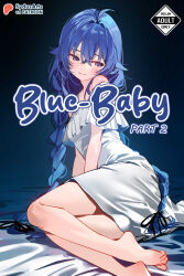1girl artist_name barefoot bed blue_background blue_eyes blue_hair braid commentary content_rating cover cover_page crossed_bangs dress english_commentary english_text feet highres long_hair looking_at_viewer looking_to_the_side lying mushoku_tensei off-shoulder_dress off_shoulder on_bed on_side paid_reward_available patreon_logo patreon_username roxy_migurdia solo sydus thighs toes twin_braids very_long_hair white_dress