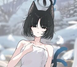 1girl animal_ears black_eyes blue_archive blue_halo cat_ears cat_girl cat_tail colored_inner_animal_ears dandandanholo halo kikyou_(blue_archive) multiple_tails naked_towel official_alternate_costume onsen solo tail towel two_tails