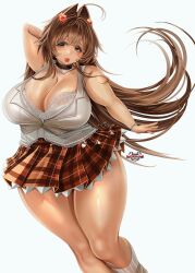 1girl ahoge borrowed_character bracelet breasts brown_hair choker cleavage cropped_vest hair_intakes hair_ornament heart heart_hair_ornament highres huge_breasts jewelry large_breasts lips long_hair looking_at_viewer myuutew nanaco_(meisharan) original plump smile solo thick_arms thick_thighs thighs very_long_hair vest wide_hips