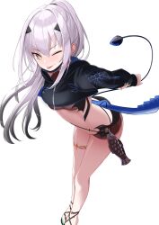 Rule 34 | 1girl, absurdres, bikini, black bikini, black jacket, blush, breasts, cropped jacket, dragon wings, fate/grand order, fate (series), fish bottle, forked eyebrows, high ponytail, highres, jacket, jewelry, long hair, long sleeves, looking at viewer, mask, melusine (fate), melusine (swimsuit ruler) (fate), melusine (swimsuit ruler) (first ascension) (fate), mouth mask, nigori (keydoor), one eye closed, ponytail, shrug (clothing), sidelocks, small breasts, smile, solo, swimsuit, tail, thighlet, thighs, white hair, wings, yellow eyes
