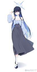 1girl absurdres blue_archive blue_hair blue_halo collarbone colored_inner_hair full_body grey_skirt halo high-waist_skirt highres inui_kentarou long_hair long_skirt long_sleeves multicolored_hair saori_(blue_archive) skirt solo twitter_username