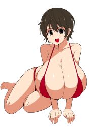 1girl absurdres bikini breasts brown_eyes brown_hair cleavage facominn female_focus gigantic_breasts highres huge_breasts idolmaster idolmaster_cinderella_girls looking_at_viewer oikawa_shizuku open_mouth simple_background swimsuit