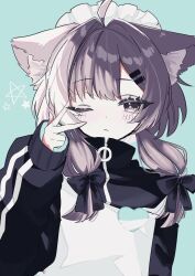 1girl :&lt; ahoge animal_ear_fluff animal_ears apron aqua_background black_bow black_jacket blue_background blush bow brown_eyes cat_ears cat_girl closed_mouth dot_nose eyelashes grey_eyes grey_hair hair_bow hair_intakes hair_ornament hairclip hand_up heart high_collar jacket long_hair long_sleeves looking_at_viewer low_twintails mafuyu_(vrchat) maid maid_apron maid_headdress multicolored_hair multiple_hair_bows one_eye_closed purple_hair ribbon shinosos_vrc sidelocks simple_background sleeves_past_wrists solo split-color_hair star_(symbol) track_jacket track_suit turtleneck turtleneck_jacket twintails two-tone_hair unconventional_maid upper_body v v_over_eye virtual_youtuber vrchat w white_apron white_hair wolf_ears zipper zipper_pull_tab
