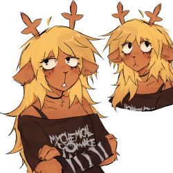 1girl ahoge animal_ears antlers band_shirt black_choker black_eyes black_eyeshadow black_nails black_shirt blonde_hair bra_strap buck_teeth choker commentary deer_antlers deer_ears deer_girl deltarune detached_hair ear_piercing english_commentary eyes_visible_through_hair eyeshadow furry furry_female highres horns long_hair makeup merchandise multiple_views nail_polish noelle_holiday off-shoulder_shirt off_shoulder pastciarn piercing reindeer_girl shirt short_sleeves simple_background teeth white_background