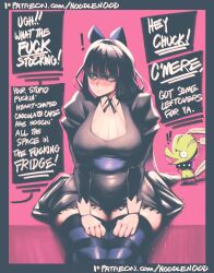 1girl absurdres black_dress black_hair blue_eyes blush bow breasts chuck_(psg) dildo_reveal dress english_text hair_bow highres large_breasts long_hair noodlenood panty_&amp;_stocking_with_garterbelt patreon_username pussy_juice sitting speech_bubble stocking_(psg) striped_clothes striped_thighhighs sweatdrop thighhighs watermark web_address