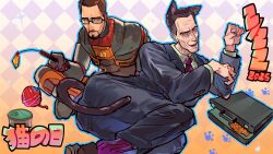 Rule 34 | 2boys, absurdres, animal ears, beard, black-framed eyewear, black hair, briefcase, brown hair, business suit, cat boy, cat day, cat ears, cat tail, checkered background, collared shirt, commentary, facial hair, food, formal clothes, g-man, glasses, gordon freeman, green eyes, half-life, half-life (series), half-life 2, heart, hev suit, highres, holding cat teaser, ijust12kmsbro, multiple boys, mustache, necktie, open mouth, paw pose, purple necktie, purple socks, shirt, simple background, sitting, smile, socks, suit, symbol-only commentary, tail, yarn, yarn ball