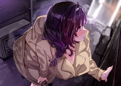 1girl age_difference alley azur_lane black_hair blush braid breasts brown_coat cleavage coat commentary_request highres large_breasts leaning mole mole_under_eye official_alternate_costume onee-shota pink_hair shiokonbu single_braid solo_focus ting_an_(azur_lane) ting_an_(undercover_or_uncovered?!)_(azur_lane) trench_coat
