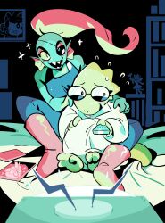 Rule 34 | 2girls, absurdres, alphys, blue pants, blue skin, bookshelf, boots, buck teeth, colored skin, controller, excited, eyepatch, fins, flying sweatdrops, full body, glasses, gogeyama, hands on another&#039;s shoulders, head fins, highres, holding, holding remote control, indoors, knee boots, multiple girls, nervous, one eye covered, pants, pink boots, pink hair, remote control, sitting, sparkle, teeth, television, undertale, undyne, watching television, yellow skin