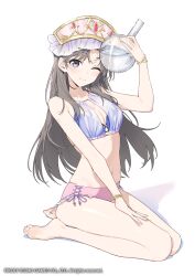 Rule 34 | 1girl, ;), absurdres, arm up, atelier (series), atelier resleriana, atelier totori, barefoot, bikini, bracelet, breasts, brown eyes, brown hair, cleavage, closed mouth, commentary, copyright notice, feet, flask, full body, hand on own leg, hat, hayashi kewi, highres, holding, holding flask, jewelry, liquid, long hair, looking at viewer, navel, official alternate costume, official art, one eye closed, round-bottom flask, second-party source, side-tie bikini bottom, simple background, sitting, small breasts, smile, solo, swimsuit, totooria helmold, white background