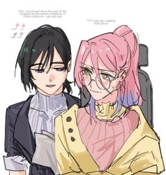 2girls alien_stage arrow_(symbol) black_hair black_jacket blush commentary cosplay english_commentary english_text glasses grey_shirt half-closed_eyes highres jacket love_curse:_find_your_soulmate mizi_(alien_stage) multicolored_hair multiple_girls pink_hair pink_sweater ponytail purple_eyes purple_hair round_eyewear selene_yan selene_yan_(cosplay) shirt small_sweatdrop smile sua_(alien_stage) sweater the_quipper turtleneck turtleneck_shirt two-tone_hair victoria_qi victoria_qi_(cosplay) yellow_jacket