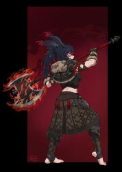 1girl animal_ears armor axe battle_axe black_background black_hair blue_eyes commentary commission difman english_commentary engraved evil_smile feet fiery_background fighting_stance fire flaming_weapon from_side fur_trim gloves highres leather_armor long_hair looking_at_viewer looking_back median_furrow midriff multicolored_hair nail_polish original rabbit_ears red_background red_hair red_streaks signature smile solo stirrup_legwear streaked_hair tiptoes toeless_legwear toenail_polish toenails toes two-tone_background two-tone_hair viera vjkta_vesttur_(berserker_bun) weapon