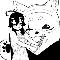 1girl asahina_yoshitoshi blue_archive closed_eyes dog dynamite explosive fire greyscale hair_ornament hairclip halo haruka_(blue_archive) holding holding_dynamite holding_lighter lighter monochrome scar scar_across_eye scar_on_face shirt short_sleeves skirt smile white_background wide_sleeves