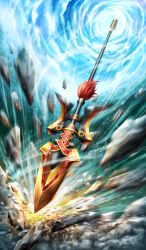 blue_background blue_sky commentary fate/grand_order fate_(series) god_force_(fate) lasengle no_humans official_art outdoors polearm sky spear third-party_source weapon weapon_focus