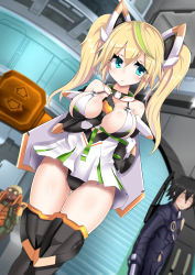 1girl 2boys :&lt; arm_between_breasts armor armored_boots bare_shoulders between_breasts black_gloves black_hair black_leotard black_thighhighs blush boots breasts closed_mouth dutch_angle elbow_gloves gene_(pso2) gloves gluteal_fold hair_between_eyes highleg highleg_leotard highres large_breasts leotard long_hair looking_at_another looking_to_the_side minato_yoshihiro multiple_boys phantasy_star phantasy_star_online_2 sidelocks solo_focus sunglasses thighhighs thighs twintails wavy_hair