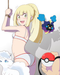 1girl 1other absurdres alolan_form alolan_vulpix arched_back arms_up ass ball_gag bare_shoulders bdsm blonde_hair blunt_bangs blush bondage bound bound_arms bound_wrists bra braid breasts cheek_bulge clenched_hand clenched_hands cosmog crown_braid female_focus gag gen_7_pokemon gluteal_fold green_eyes heart heart-shaped_pupils highres holding holding_gag holding_poke_ball legendary_pokemon light_blush lillie_(pokemon) long_hair looking_at_another looking_at_viewer looking_back looking_to_the_side mouth_stuffed nintendo open_mouth panties poke_ball poke_ball_(basic) pokemon pokemon_(creature) pokemon_sm ponytail rope shadow sidelocks simple_background small_breasts smile symbol-shaped_pupils teeth thighs tiedtiki tongue underwear white_background white_bra white_panties