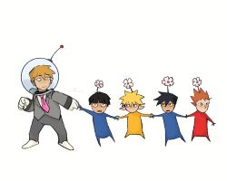 5boys astronaut black_hair blonde_hair blue_hair blue_pikmin blue_pikmin_(cosplay) bow bowl_cut bowtie closet_thing cosplay flower flower_on_head gloves grey_jacket grey_pants hanazawa_teruki helmet holding_hands jacket kageyama_ritsu kageyama_shigeo male_focus mob_psycho_100 multiple_boys nintendo olimar olimar_(cosplay) orange_hair pants parody pikmin_(creature) pikmin_(series) pink_bow pink_bowtie radio_antenna red_hair red_pikmin red_pikmin_(cosplay) reigen_arataka shirt short_hair simple_background space_helmet spacesuit spiked_hair suit_jacket suzuki_shou white_background white_footwear white_gloves white_shirt yellow_pikmin yellow_pikmin_(cosplay)