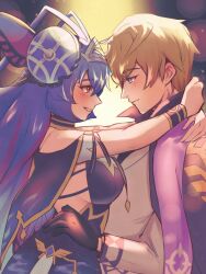1boy 1girl antenna_hair arms_around_neck basileus black_gloves blonde_hair blue_eyes blue_hair capelet commentary couple dragalia_lost english_commentary from_side gloves hair_between_eyes hair_ornament hetero highres jacket long_hair looking_at_another origa_(dragalia_lost) red_eyes short_hair smile vaccariia very_long_hair white_jacket