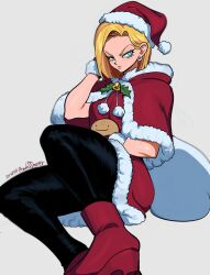 1girl android_18 bag black_pantyhose blonde_hair blue_eyes dragon_ball dragonball_z dress hat holding holding_bag mistletoe nanika_(nnkgh) pantyhose red_shoes red_skirt santa_costume santa_dress santa_hat shoes short_hair skirt unamused