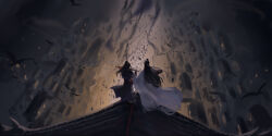 2boys architecture bird black_hair building chinese_clothes city dizi east_asian_architecture floating floating_object floating_sword floating_weapon flute from_above from_behind guqin hair_ribbon hanfu headband high_ponytail holding holding_flute holding_instrument instrument jian_(weapon) lan_wangji long_hair long_sleeves male_focus modao_zushi multiple_boys music night on_roof outdoors playing_flute playing_instrument ponytail red_ribbon ribbon standing sword sword_tassel tassel topknot transverse_flute weapon wei_wuxian white_hanfu white_headband wide_sleeves wind wind_lift xianduguaitan xiao_guan_(headdress)