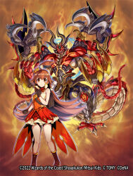1girl between_breasts blush boots breasts brown_eyes brown_hair closed_mouth copyright_notice crown dragon dragon_horns dragon_tail dress duel_masters duel_masters_play&#039;s gloves highres horns kokko_rupiko long_hair matsumoto_eight medium_breasts mini_crown monster official_art red_dress sleeveless sleeveless_dress strap_between_breasts tail very_long_hair