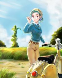 1girl adjusting_eyewear belt cloud day earrings glasses grass green_hair hat hatsuseno_alpha highres jewelry motor_vehicle necktie outdoors pants ponytail redcompressor scooter sky smile solo vespa yokohama_kaidashi_kikou