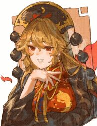 Rule 34 | 1girl, beads, black dress, black hat, blonde hair, border, breasts, brown background, chinese clothes, crescent, crescent print, dalachi (headdress), dress, energy, hair between eyes, hand up, hat, junko (touhou), large breasts, long hair, long sleeves, looking at viewer, mandarin collar, neck ribbon, oftooon, outside border, red eyes, red tabard, ribbon, simple background, smile, solo, tabard, tassel, teeth, touhou, upper body, white border, wide sleeves, yellow ribbon