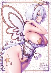 1girl 2b_(nier:automata) breasts commentary corset english_commentary from_side grey_eyes groin hairband halo highres huge_breasts leg_tattoo looking_at_viewer nier:automata nier_(series) pasties sevie short_hair tagme tattoo thick_thighs thighs white_hair wings