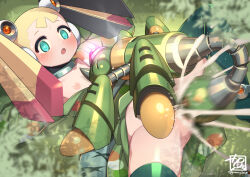 blonde_hair blue_eyes blush bug cum cum_in_pussy ejaculation empty_eyes flat_chest green_kimono gummyrise japanese_clothes kimono lying mega_man_(series) mega_man_x_(series) mega_man_x_dive nipples non-humanoid_robot official_alternate_costume on_back on_grass pallette_(mega_man) robot robot_animal robot_sex sex tears twintails vaginal
