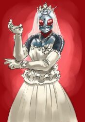 1boy antennae armor armor_under_clothes bad_id bad_pixiv_id bridal_veil crossdressing dress flower gloves jewelry kamen_rider kamen_rider_super-1 kamen_rider_super-1_(series) long_glove male_focus necklace pearl_necklace red_background red_eyes red_scarf ribbon scarf silver_armor veil wedding_dress white_dress
