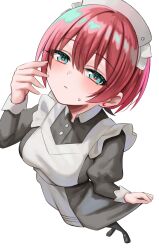 1girl amate_yuzuriha black_pantyhose black_shoes blue_eyes blush breasts closed_mouth collared_dress commentary_request dress earrings from_above grey_dress grey_hat gundam gundam_gquuuuuux hair_between_eyes hand_up hat highres hoshimiya_aki jewelry juliet_sleeves loafers long_sleeves looking_at_viewer looking_up maid medium_breasts pantyhose puffy_sleeves red_hair shoes simple_background small_sweatdrop solo standing stud_earrings sweat white_background