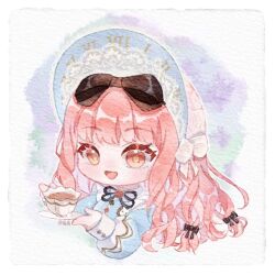 1girl alice&#039;s_teaspoon_(shining_nikki) artist_name black_bow black_ribbon blue_bonnet blue_dress blunt_bangs bonnet bow brooch brown_eyes brown_pupils buttons club_(shape) collared_dress cropped_torso cup diamond_button dress eyelashes frilled_dress frills hair_bow happy hat hat_bow heart heart_brooch highres holding holding_cup holding_saucer jewelry lace-trimmed_headwear lace_trim lanmeier light_blush lolita_fashion long_hair long_sleeves looking_at_viewer mixed_media multicolored_buttons multiple_hair_bows neck_ribbon nikki_(nikki) nikki_(series) open_mouth outline painting_(medium) pink_hair procreate_(medium) puffy_long_sleeves puffy_sleeves red_brooch ribbon saucer shining_nikki sleeves_past_wrists smile solo tea teacup traditional_media very_long_hair watercolor_(medium) white_bow white_outline