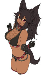1girl :d animal_ears bare_shoulders bikini black_gloves black_hair black_panties breasts cerberus_(houtengeki) dark-skinned_female dark_skin elbow_gloves from_above gloves hair_between_eyes highres houtengeki large_breasts looking_at_viewer navel open_mouth original panties pink_eyes ponytail smile solo stomach swimsuit thighs underwear white_background