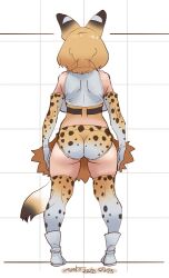 1girl animal_ears animal_print ass blonde_hair buruma commentary_request dated elbow_gloves from_behind full_body gloves gradient_clothes height_mark kemono_friends nyororiso_(muyaa) print_buruma serval_(kemono_friends) short_hair signature sketch skindentation solo standing thighs white_buruma yellow_buruma