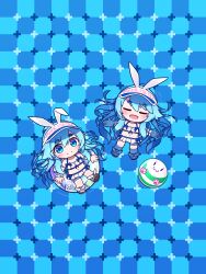 2girls absurdres animal_ears barid_(rlackdgur98) bemani bikini blue_eyes blue_hair closed_eyes closed_mouth commentary fake_animal_ears highres long_hair multiple_girls navel near_(sound_voltex) noah_(sound_voltex) open_mouth optical_illusion siblings sisters smile sound_voltex swimsuit symbol-only_commentary twins white_bikini
