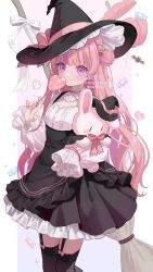 Rule 34 | 1girl, absurdres, black hat, black skirt, black thighhighs, blush, borrowed character, broom, candy, closed mouth, commentary request, commission, cowboy shot, food, frilled skirt, frills, garter straps, hair bun, hat, hat ribbon, heart, heart-shaped food, heart-shaped lollipop, high-waist skirt, highres, holding, holding candy, holding food, holding lollipop, holding stuffed toy, lollipop, long hair, long sleeves, looking at viewer, myon rio, original, pink eyes, pink hair, pink ribbon, ribbon, shaped lollipop, shirt, skeb commission, skirt, smile, solo, standing, stuffed animal, stuffed rabbit, stuffed toy, thighhighs, very long hair, watermark, white shirt, witch, witch hat