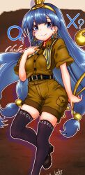 1girl bad_anatomy bad_hands black_thighhighs blue_eyes blue_hair brown_shirt brown_shorts carbohydrate_(asta4282) earrings facial_mark gold gold_buckle gold_hairband gold_headdress gold_headwear hairband highres jewelry key_earrings long_hair looking_at_viewer michigami_nareko scepter shirt shorts smile solo thighhighs touhou triangle triangle_facial_mark very_long_hair