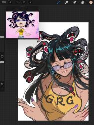 Rule 34 | 1girl, black hair, blunt bangs, closed eyes, derivative work, glasses, hashtag-only commentary, highres, long hair, midriff, nico robin, one piece, one piece straw hat theater, purple nails, screenshot redraw, shiyuzai, smile, snake, snake hair, solo, tank top, upper body, yellow tank top