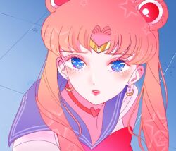 Rule 34 | 1girl, bishoujo senshi sailor moon, blonde hair, blue eyes, blue sailor collar, bow, bowtie, choker, circlet, commentary request, crescent, crescent earrings, derivative work, double bun, earrings, hair bun, heart, heart choker, jewelry, magical girl, meme, parted bangs, red bow, red bowtie, sail ofhope, sailor collar, sailor moon, sailor moon redraw challenge (meme), screenshot redraw, solo, tsukino usagi, twintails