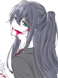 1boy black_eyes black_suit bleeding blood blood_drip blood_in_hair blood_on_clothes blood_on_face blood_on_hands blood_on_mouth blue_eyes collared_shirt formal_clothes grin hair_between_eyes hair_tie hand_up heterochromia high_ponytail highres hong_lu_(project_moon) limbus_company long_hair looking_at_viewer looking_back male_focus pipi_tt ponytail project_moon purple_hair shirt sidelocks smile solo suit white_background white_shirt