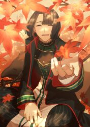 1boy autumn autumn_leaves black_coat black_hair braid changpao chinese_clothes closed_eyes coat curtained_hair falling_leaves fate/grand_order fate_(series) high_collar highres leaf long_hair long_sleeves looking_at_viewer male_focus maple_leaf open_mouth outdoors red_trim sakuraike shirt sibuxiang_(fate) smile solo taigong_wang_(fate) tapir