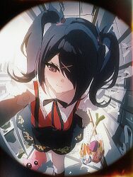 1girl ame-chan_(needy_girl_overdose) animal bag black_eyes black_ribbon black_skirt cat closed_mouth collared_shirt groceries hair_ornament hair_over_one_eye highres holding holding_bag junpaku_karen long_hair neck_ribbon needy_girl_overdose pien_cat_(needy_girl_overdose) plastic_bag pov_peephole red_shirt ribbon shirt skirt smile solo suspender_skirt suspenders twintails x_hair_ornament